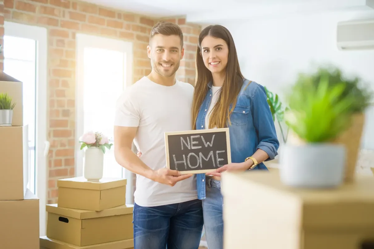 גבר ואישה מחזיקים לוח עם הכיתוב NEW HOME בין ארגזי קרטון בדירה