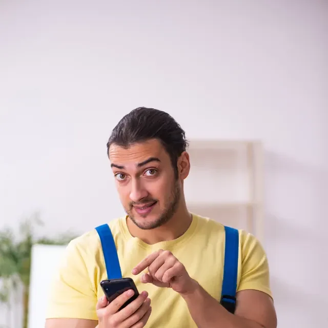 מוביל בסרבל כחול מחזיק טלפון ומתאם הובלה