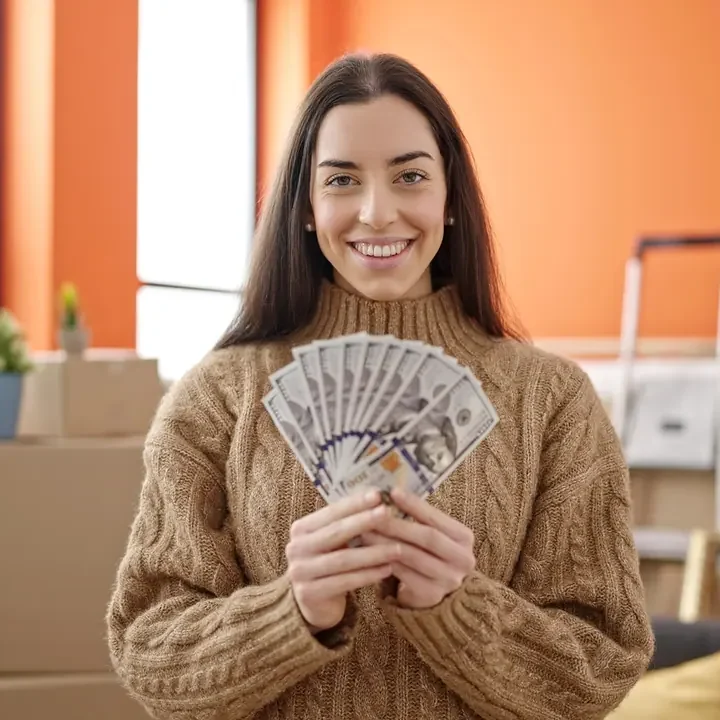 אישה בסוודר מחזיקה מניפת שטרות מול ארגזים ארוזים