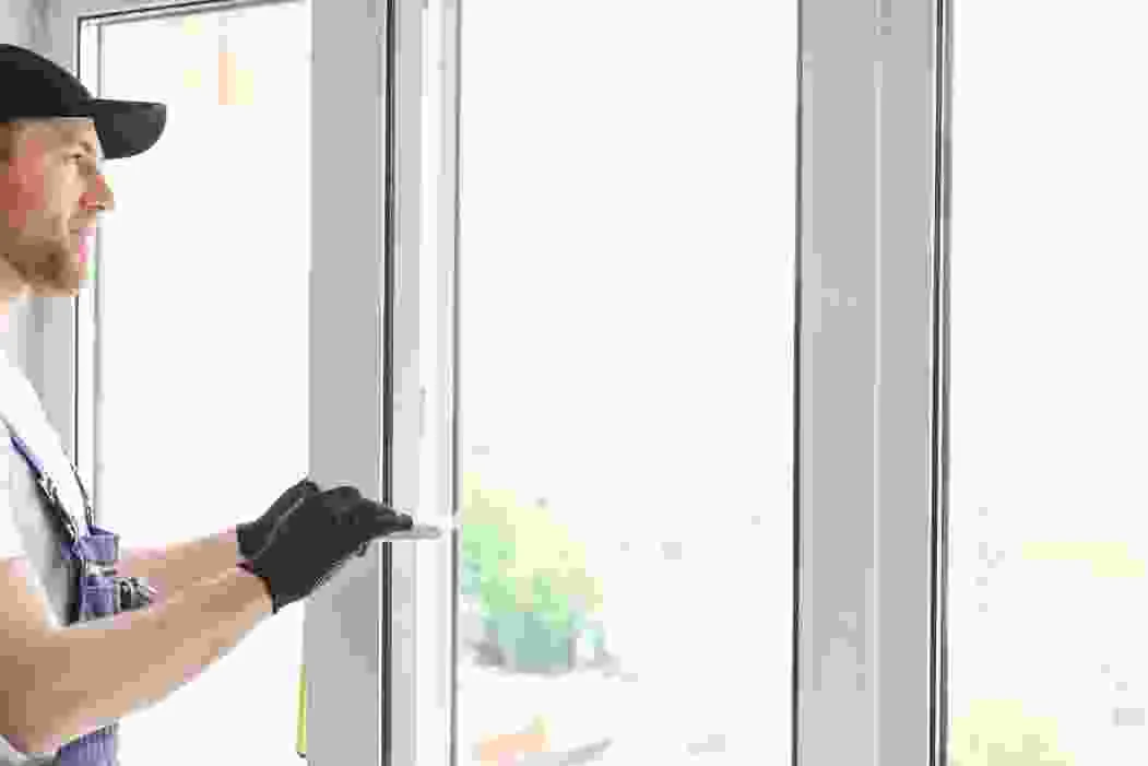 יד בכפפת עבודה נשענת על זגוגית גדולה של דלת מרפסת
