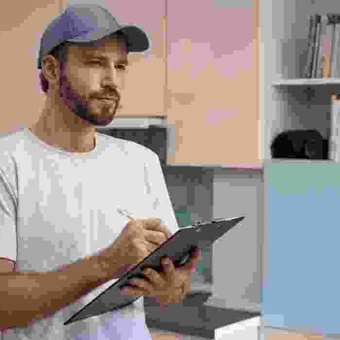 איש מקצוע עם לוח רישום עומד במטבח לפני תחילת עבודה